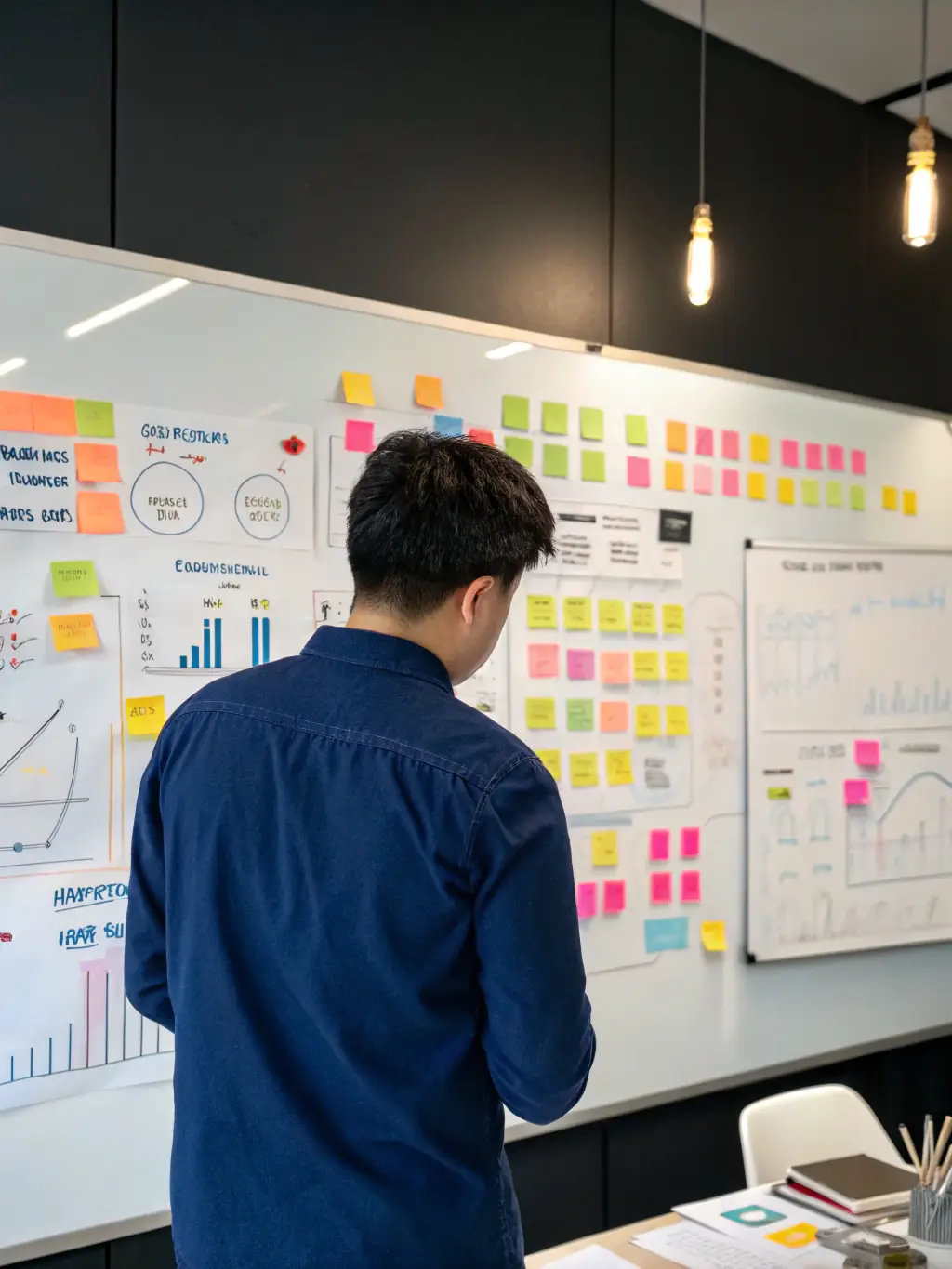 A person confidently presenting a career plan on a whiteboard in a modern office setting, symbolizing career planning services.