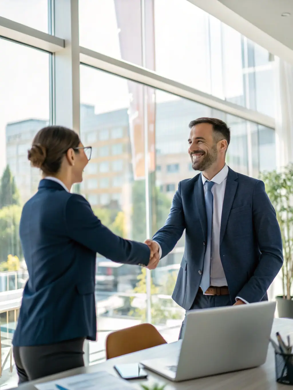 A person celebrating a new job offer with a handshake, symbolizing successful career transition.