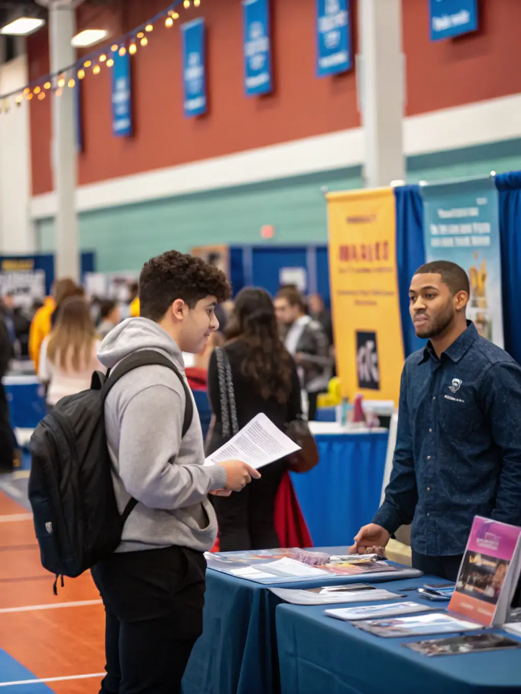 A person networking at a career fair, symbolizing job search strategies.